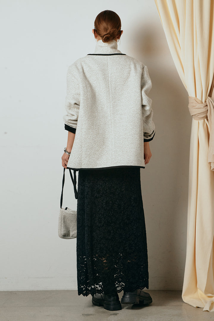 [SET]ノーカラーマフラーバッグ付きアウター+花柄刺繍ベロアフレアスカート(2set)