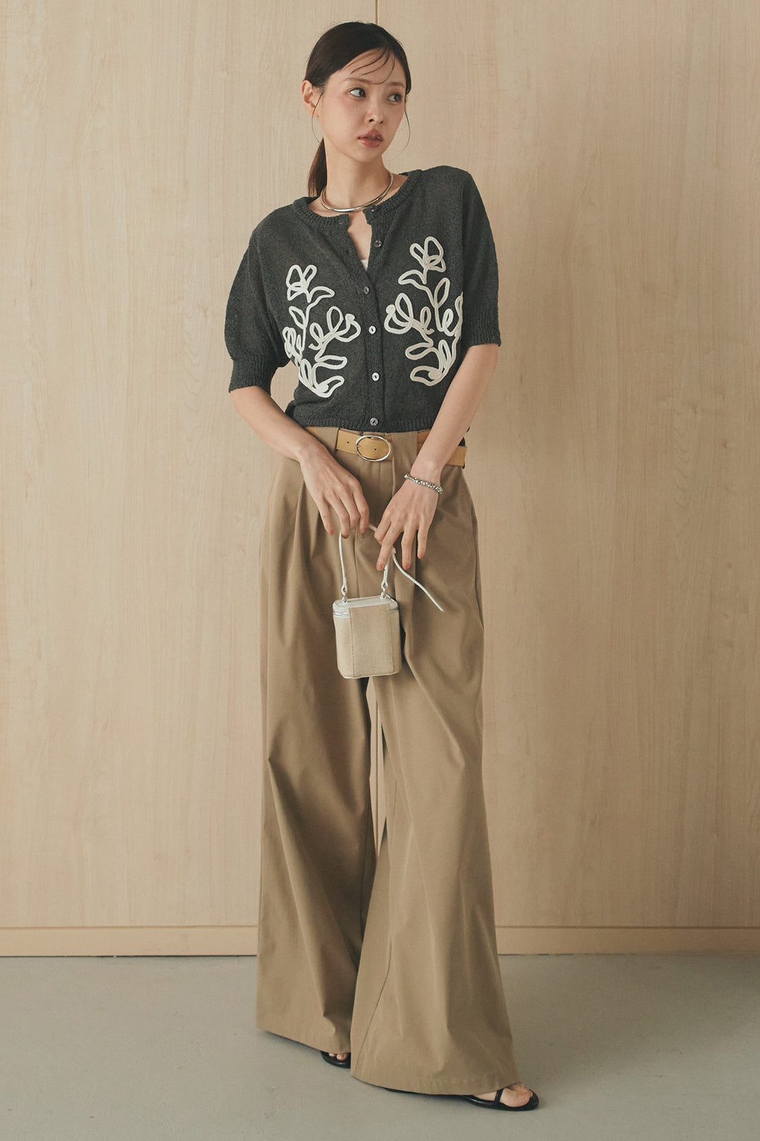 [SET]フロントテープデザイン半袖カーディガン+ベルトループデザインハイウエストタックパンツ(2set)
