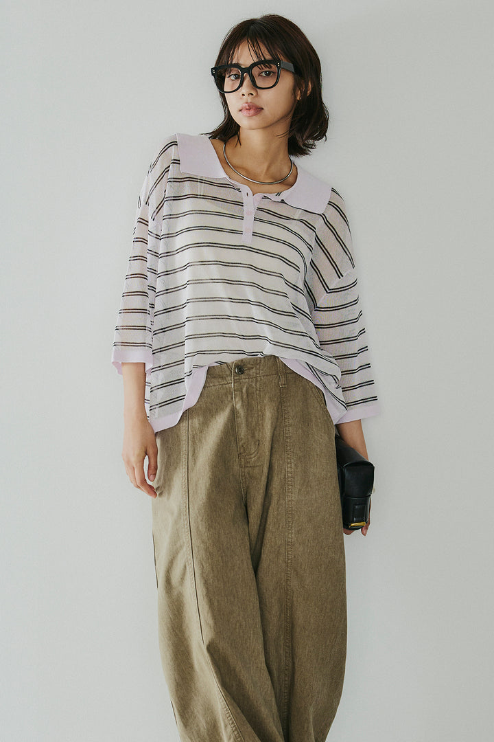 [SET]ボーダーニットポロシャツ+サイドベルトカーブワイドパンツ(2set)