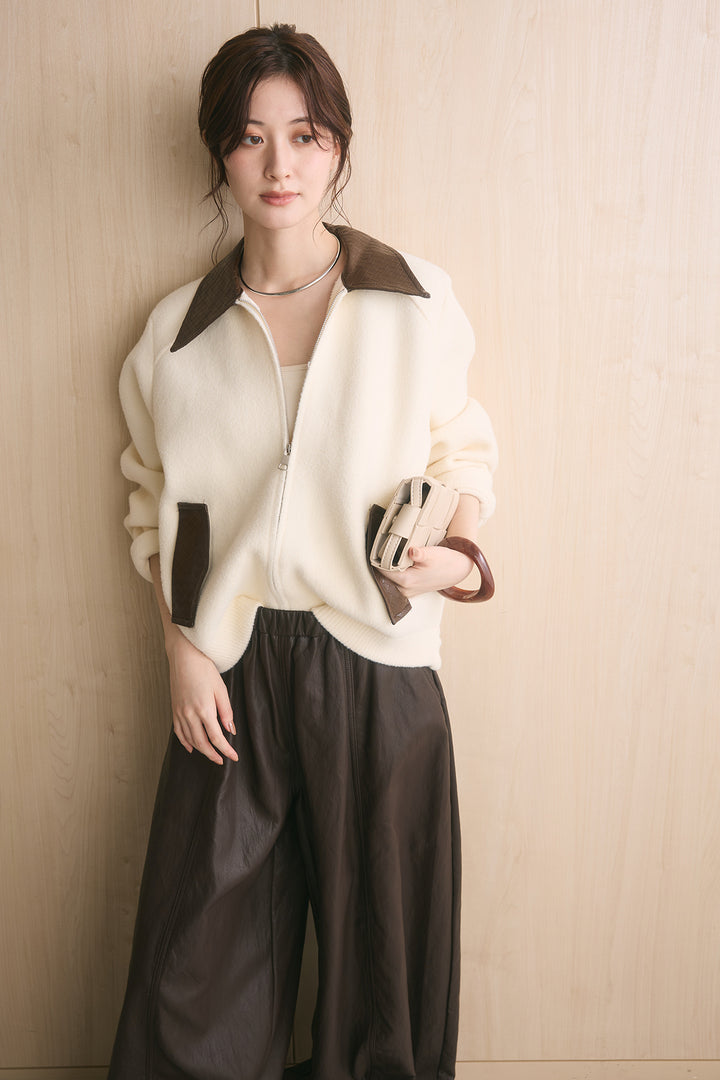 [SET]襟レザーライクジップブルゾン+フェイクレザーカーブワイドパンツ(2set)