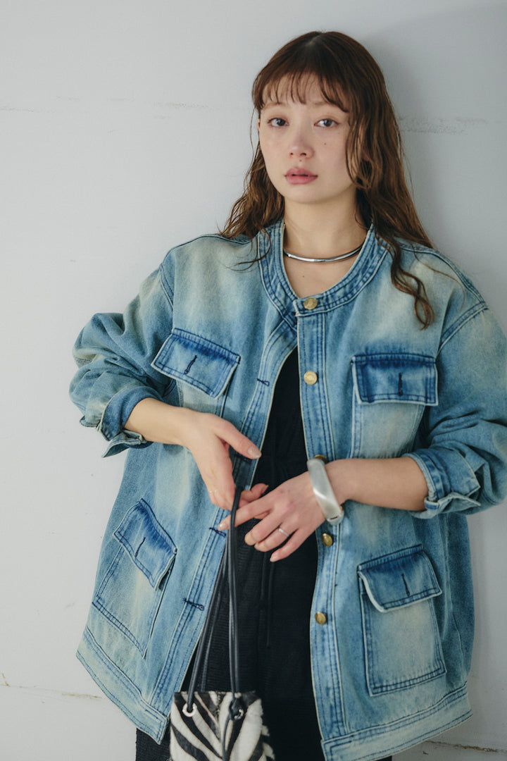 [SET]ノーカラーデニムポケットジャケット+レースサロペット(2set)