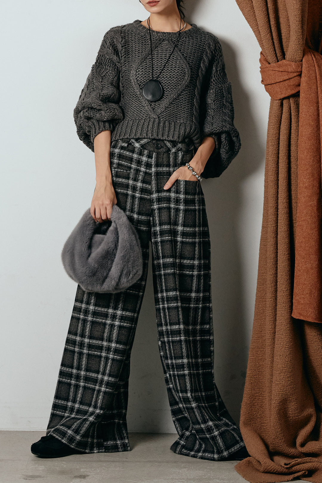 [SET]ロービングケーブルショート丈プルオーバー+ルーズタータンチェックワイドパンツ(2set)
