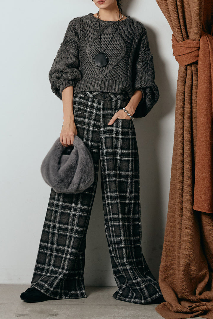 [SET]ロービングケーブルショート丈プルオーバー+ルーズタータンチェックワイドパンツ(2set)