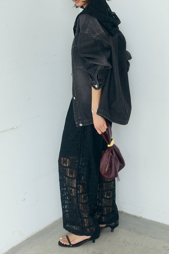 [SET]デニムオーバーサイズジャケット+パッチワークレースイージーパンツ+パッチワークレースショート丈フードシャツ(3set)