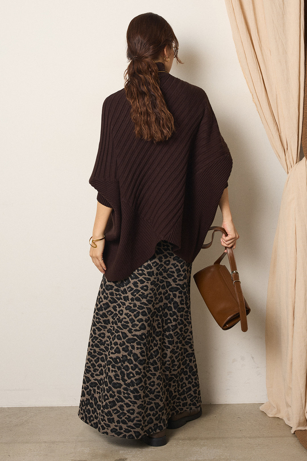 [SET]アシメデザインリブポンチョニットトップス+レオパードロングスカート(2set)