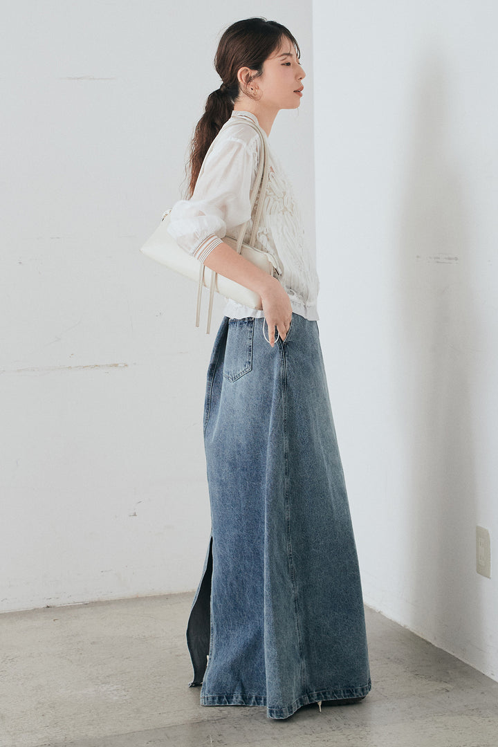 [SET]モチーフ付きシアーブルゾン+デニムロングフレアスカート(2set)