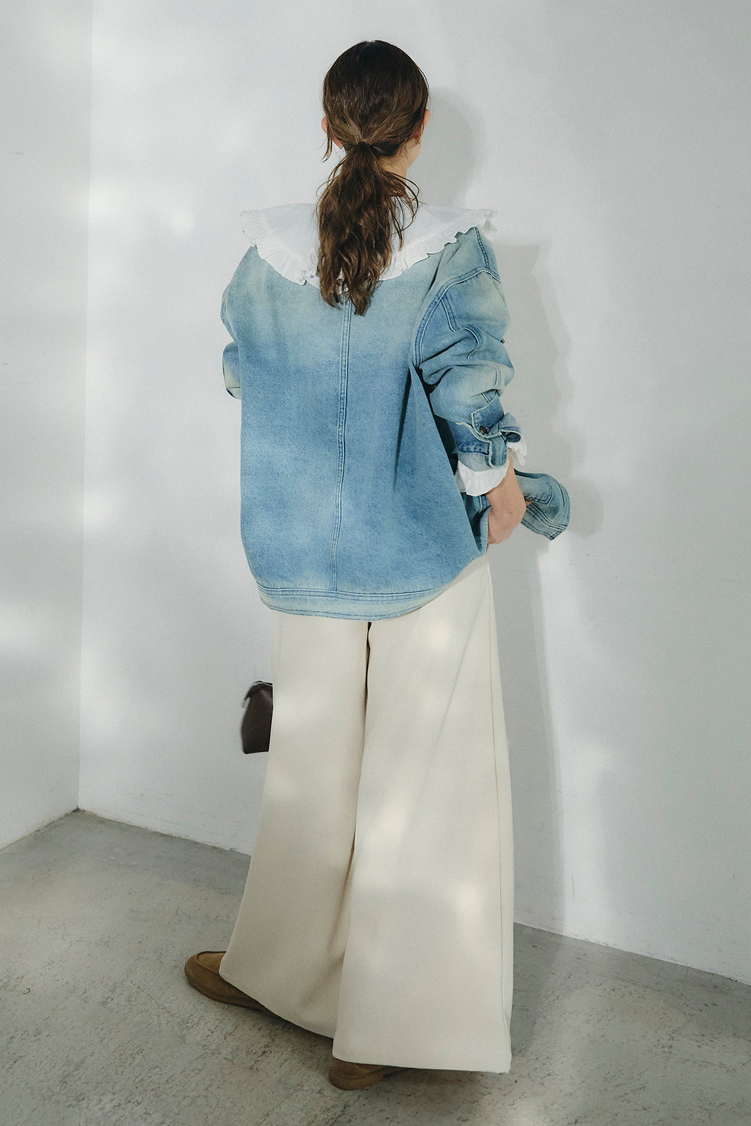 [SET]ノーカラーデニムポケットジャケット+コットンフリルブラウス+ベルト付きタックデザインハイウエストロングパンツ(3set)