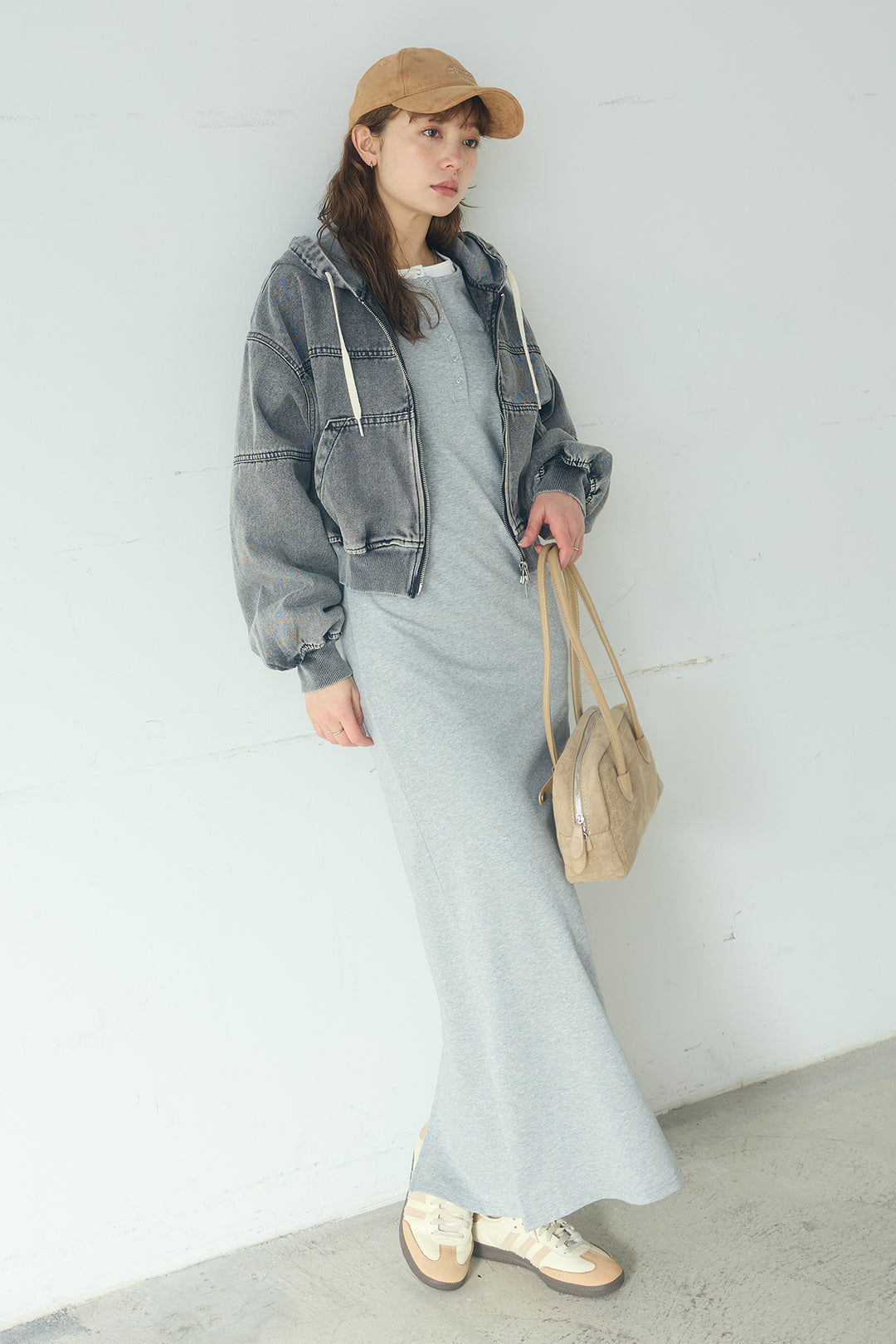 [SET]デニムダブルジップパーカーブルゾン+レイヤード見えヘンリーネックロングワンピース(2set)