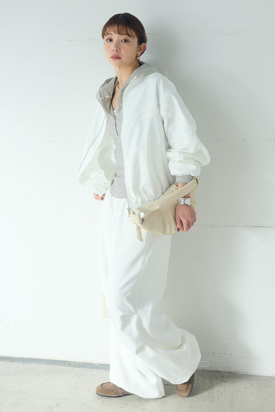 [SET]マルチ切り替えドルマンブルゾン+ランダムタックデザインワイドパンツ+ボーダーフーディーロンT(3set)