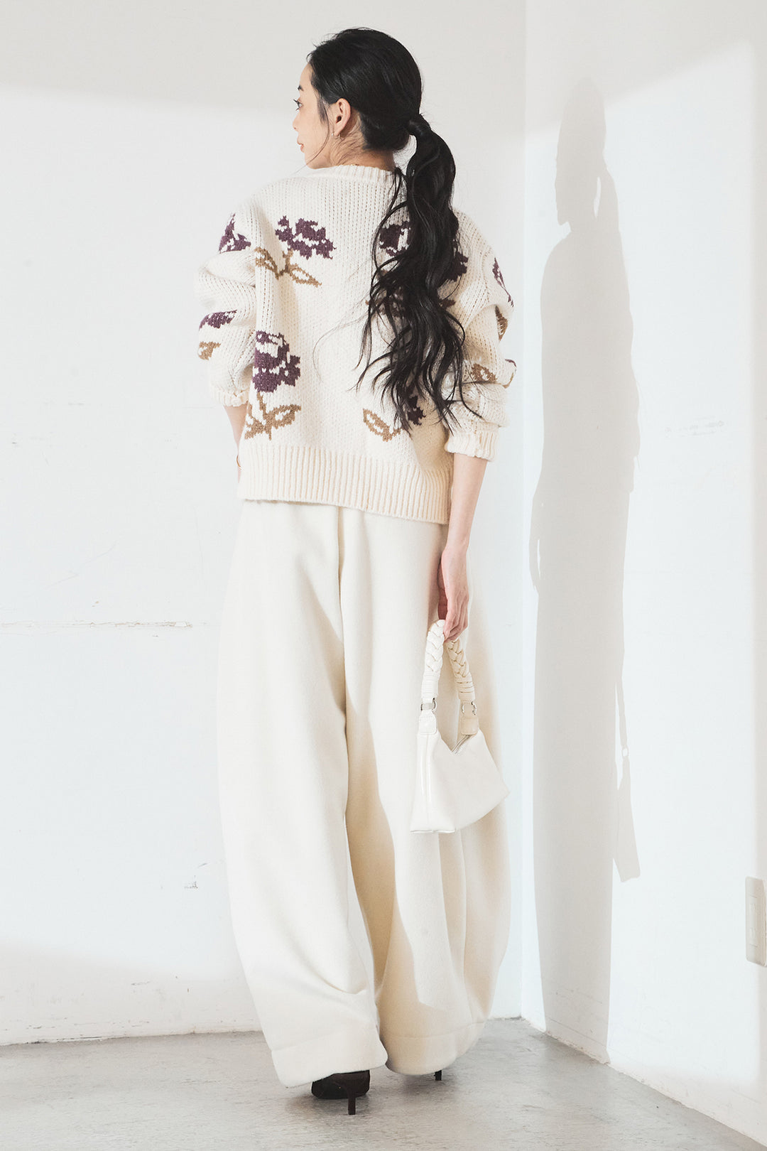 [SET]花柄ジャガードニットカーディガン+ウールタッチカーブワイドパンツ(2set)