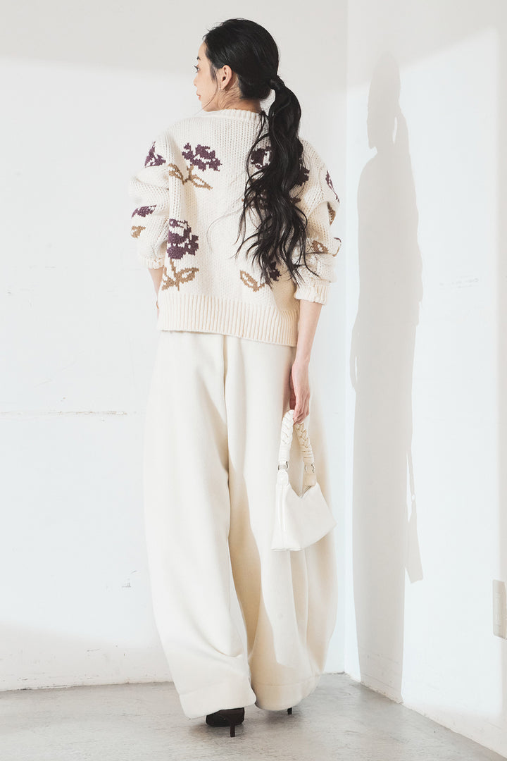 [SET]花柄ジャガードニットカーディガン+ウールタッチカーブワイドパンツ(2set)