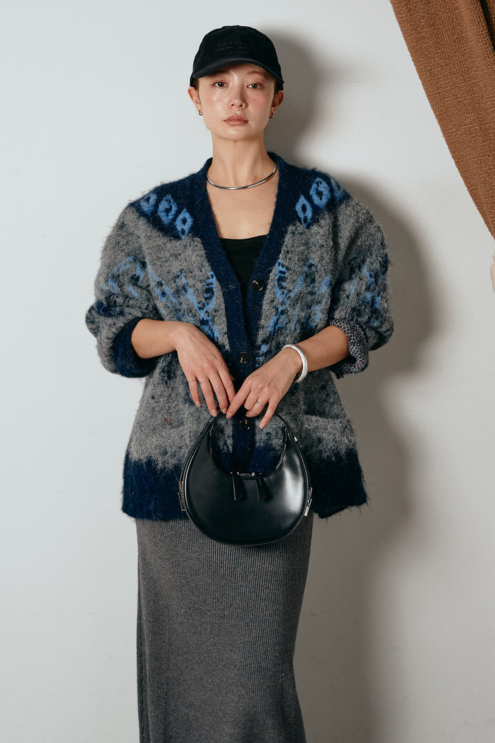 [SET]シャギーニュアンス柄ニットカーディガン+リブナローニットスカート(2set)