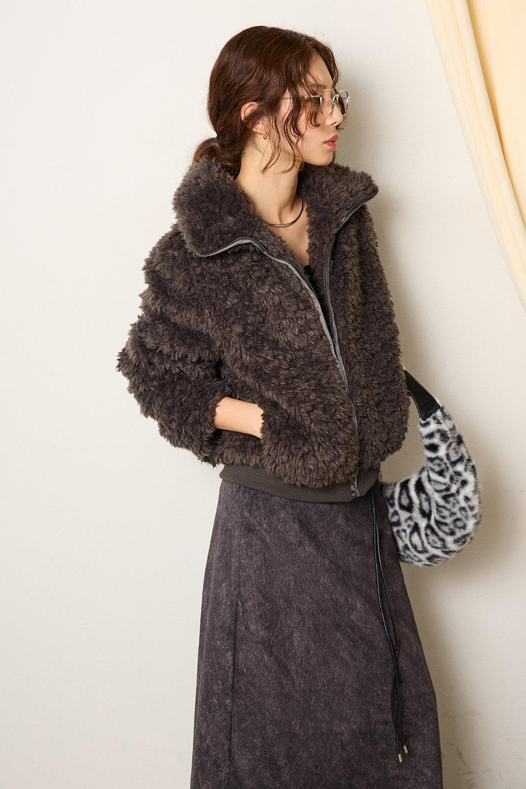 [SET]スタンドカラー裾リブボアブルゾン+ロープベルト付きスウェード調スカート(2set)