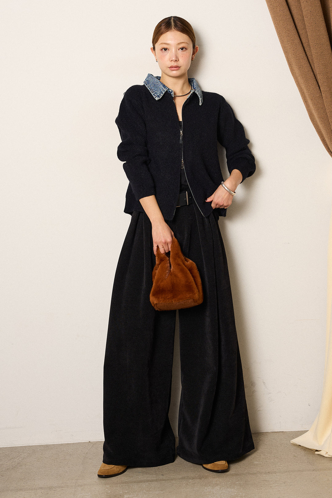 [SET]デニム襟ダブルジップニットトップス+ベルトループコーデュロイワイドパンツ(2set)