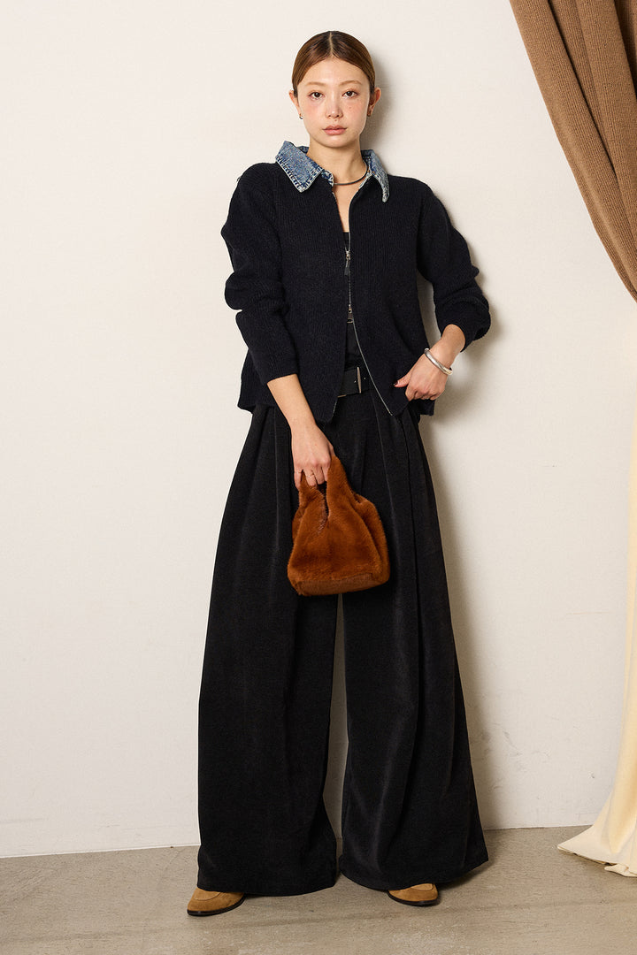 [SET]デニム襟ダブルジップニットトップス+ベルトループコーデュロイワイドパンツ(2set)