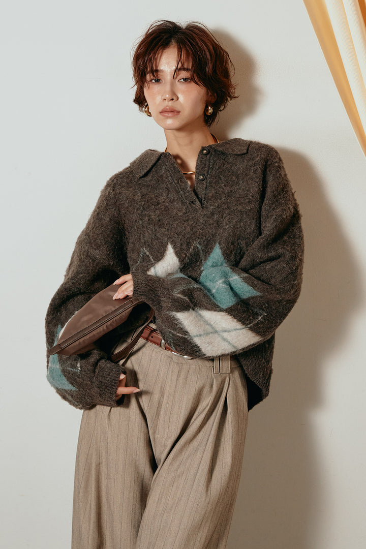 [SET]アーガイル柄ポロニットトップス+ストライプヘリンボーンパンツ(2set)