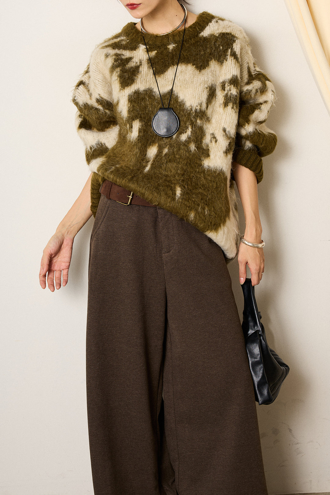 [SET]モヘアタッチマーブルニット+サイドベルトパンツ(2set)