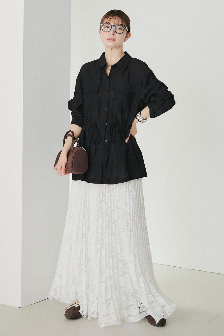 [SET]リネンブレンドシアーサファリシャツ+リラックスプリーツスカート(2set)