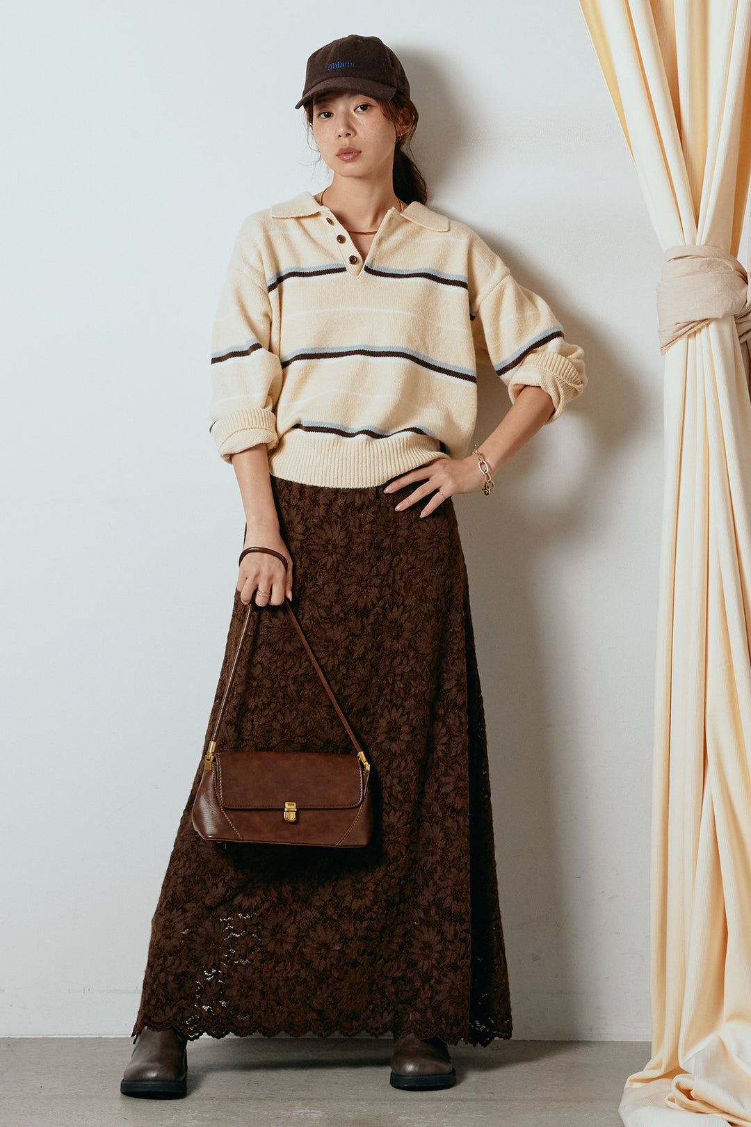 [SET]襟付きマルチボーダーニットポロトップス+花柄刺繍ベロアフレアスカート(2set)