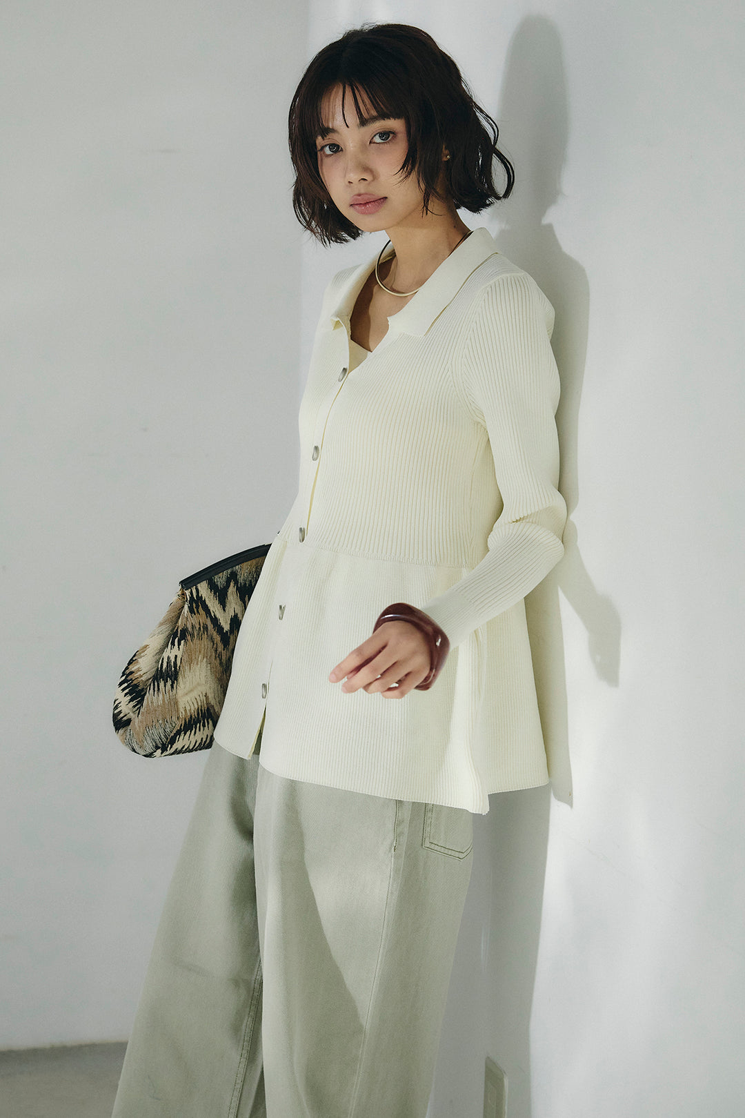 [SET]スキッパーペプラムニット+ウエスト裁ち切りデニムワイドパンツ(2set)