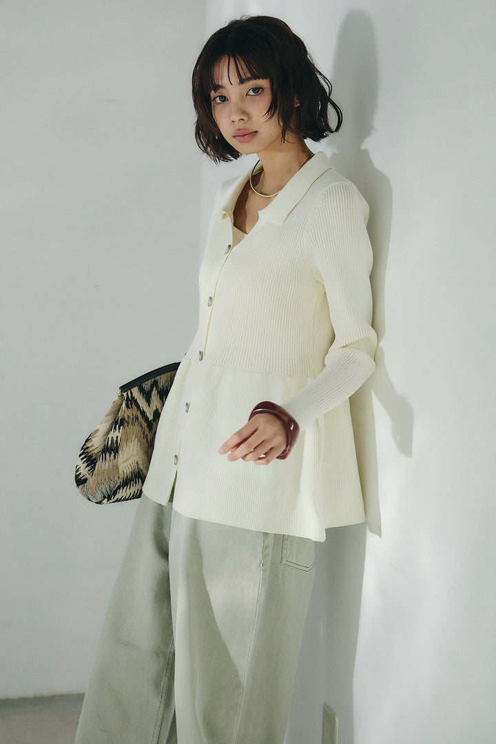 [SET]スキッパーペプラムニット+ウエスト裁ち切りデニムワイドパンツ(2set)