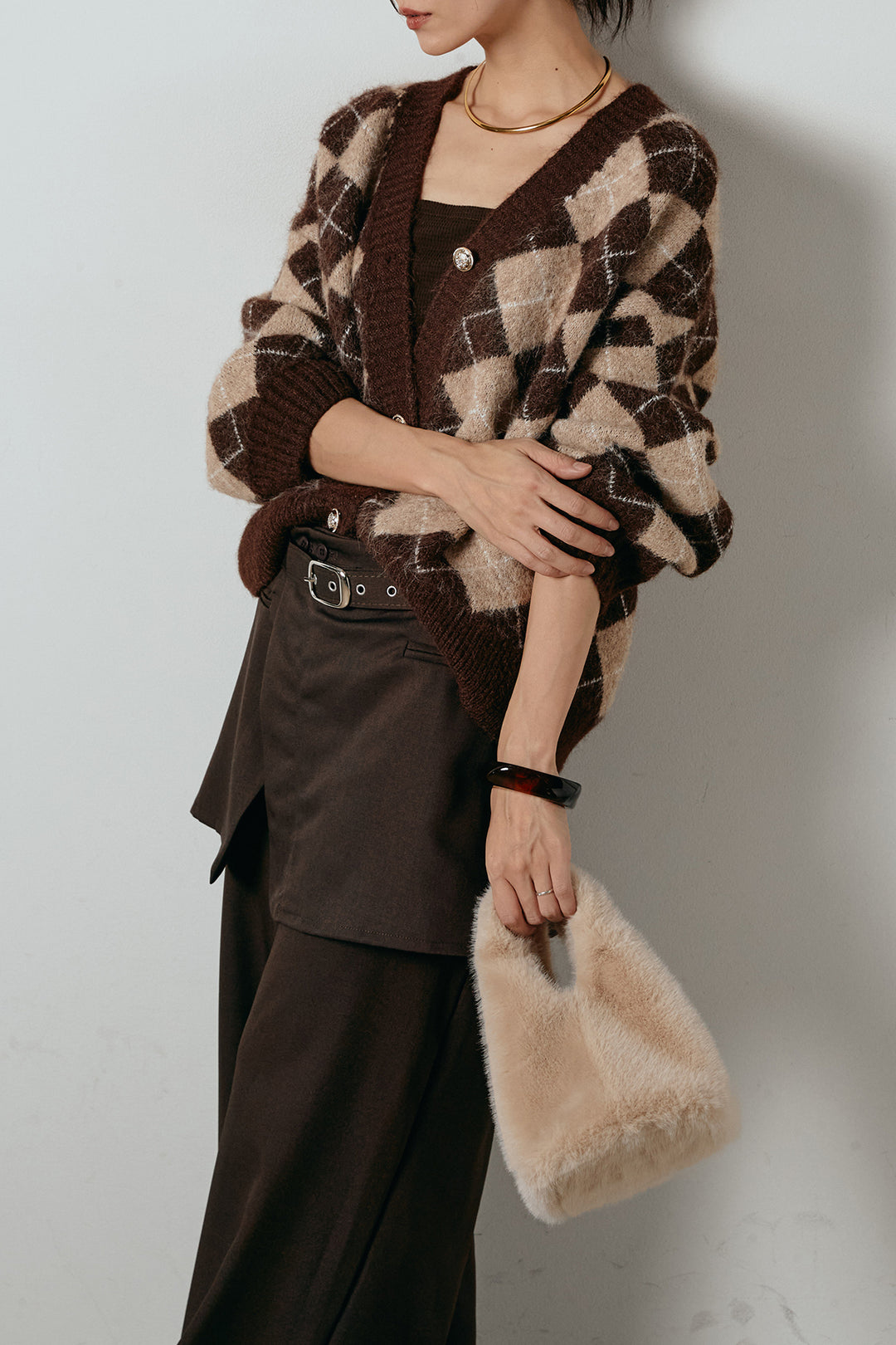 [SET]オーバーサイズ総柄Vネックニットカーディガン+ベルト付きウエストデザインパンツ(2set)