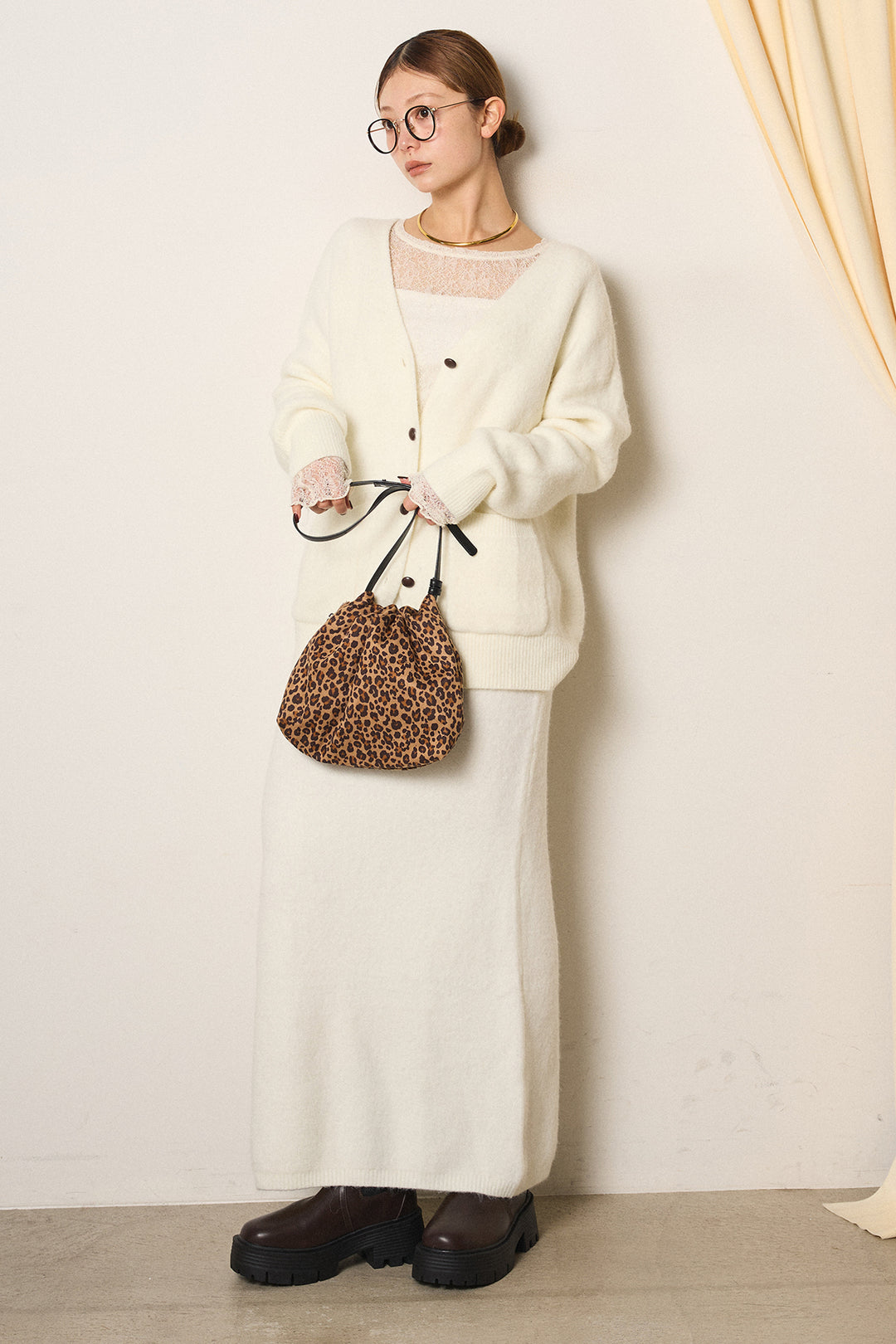 [SET]丸ボタン起毛ニットカーディガン+起毛ニットロングスカート(2set)