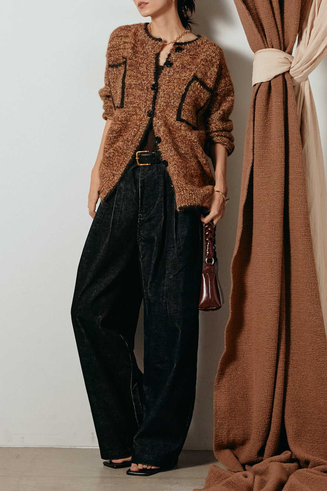 [SET]ミックスニットポケットカーディガン+フロントタック入りコーデュロイパンツ(2set)