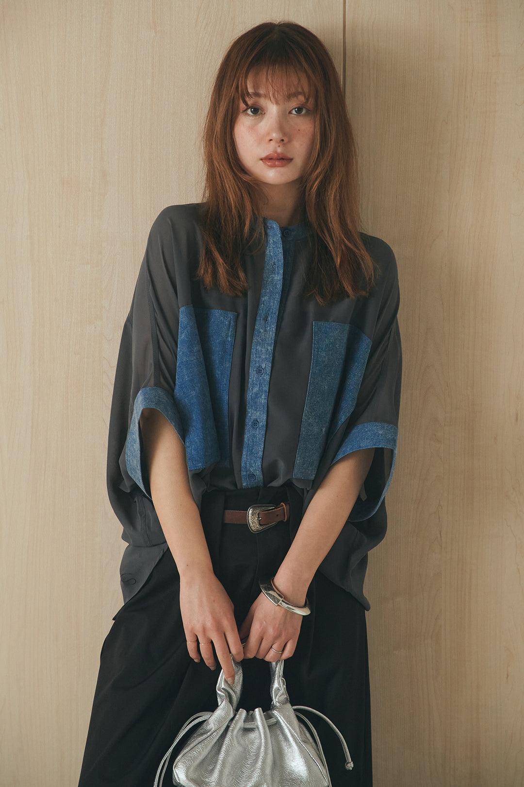 [SET]デニムライクビッグツーポケシアーシャツ+ベルトループデザインハイウエストタックパンツ(2set)