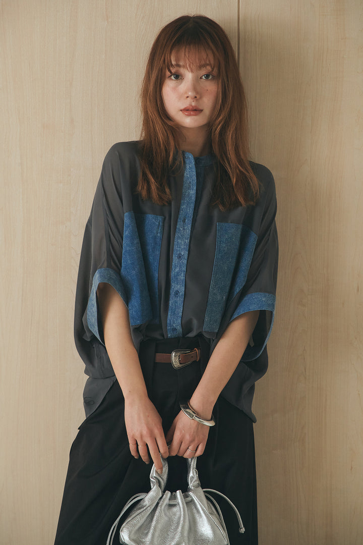 [SET]デニムライクビッグツーポケシアーシャツ+ベルトループデザインハイウエストタックパンツ(2set)