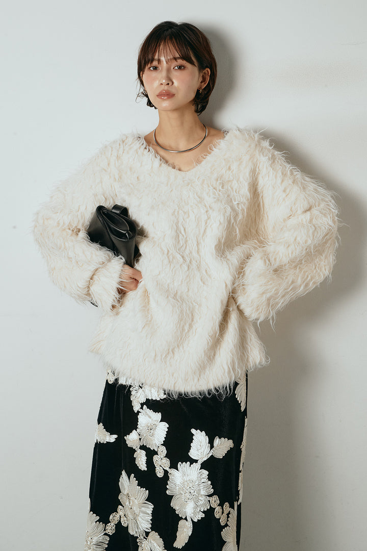 [SET]深Vネックシャギーニットトップス+フラワー刺繍ワイドスカート(2set)