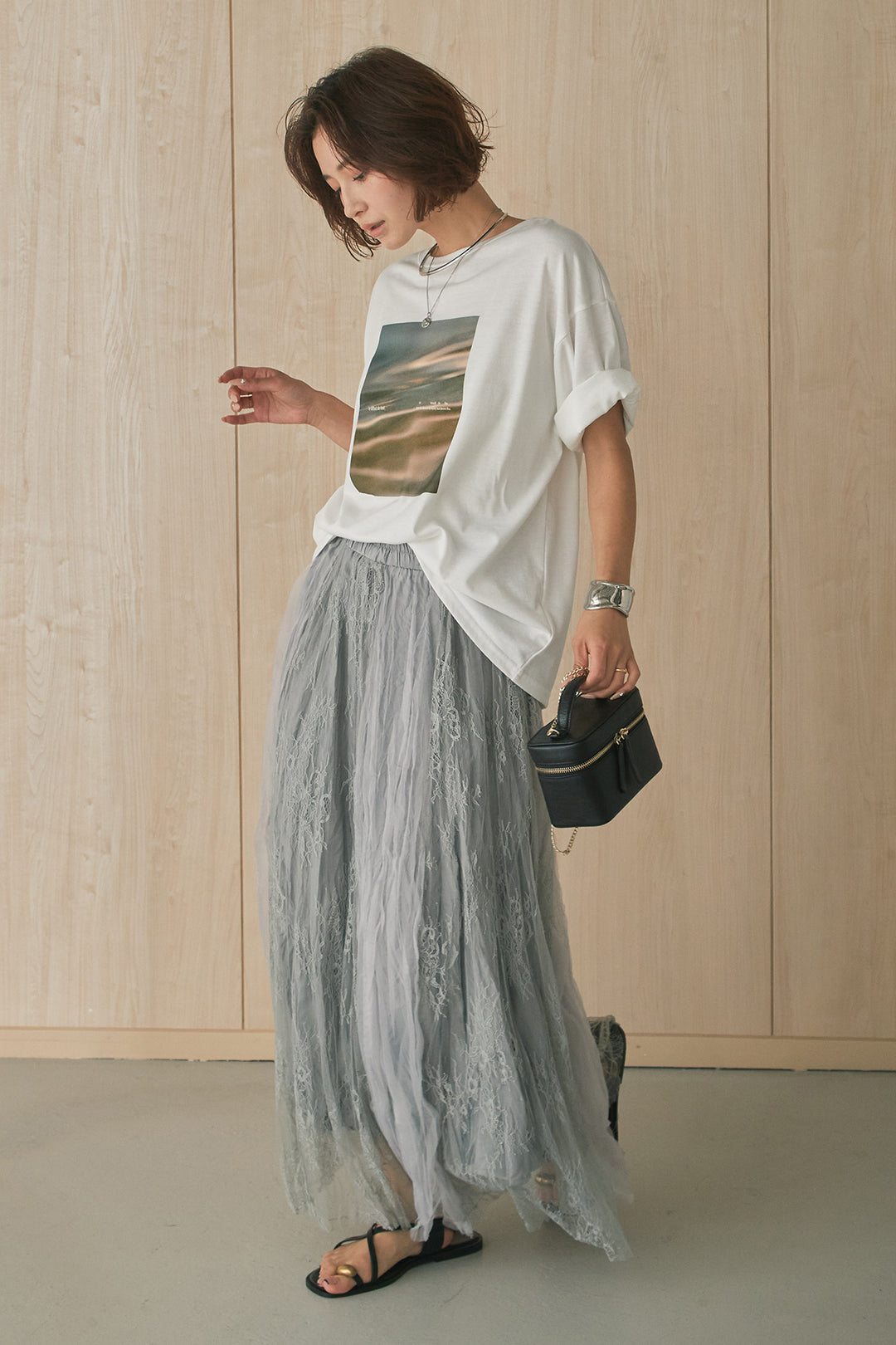 [SET]MarbleプリントTシャツ+レースコンビワッシャーギャザースカート(2set)