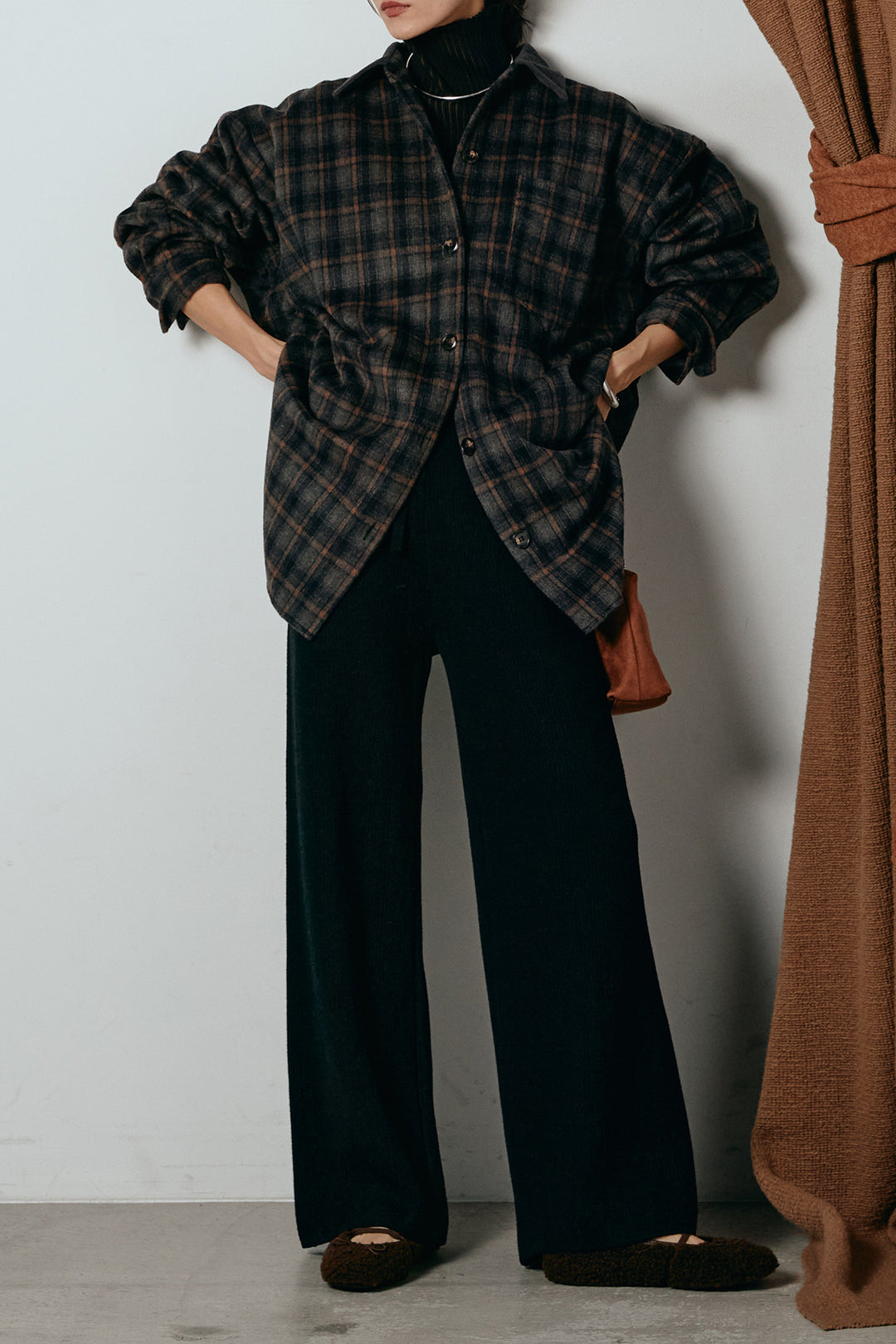 [SET]シャギーチェックシャツジャケット+ワイドリブニットイージーパンツ+リブニットシームレスタートルプルオーバー(3set)