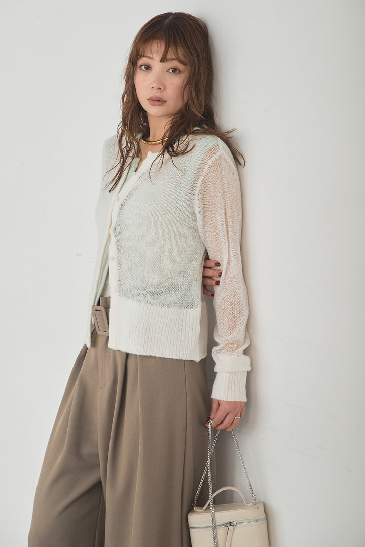 [SET]モヘア透かし編みレイヤードアンサンブルセット+ベルト付きツータックワイドパンツ(2set)