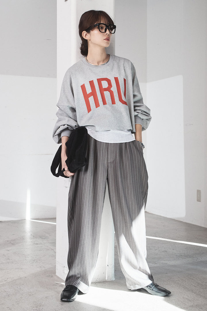 [SET]ビッグロゴHRU袖ボリュームトップス+リブシアークルーネック長袖トップス+ヘリンボーンストライプツータックパンツ(3set)