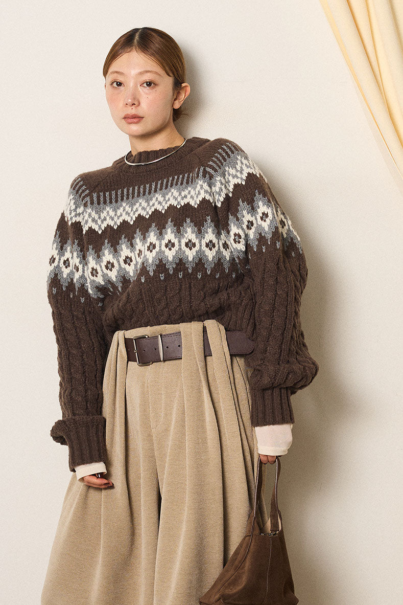 [SET]2WAY求心柄ジャガードショートカーディガン+2WAY袖コード刺繍クルーネックプルオーバー(2set)