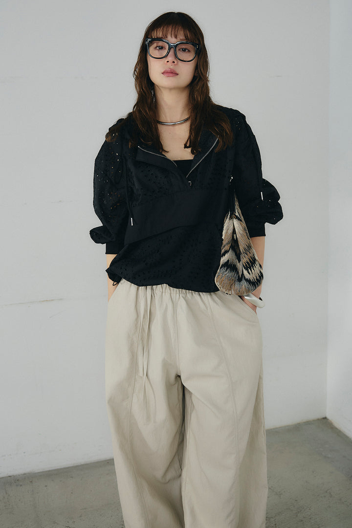 [SET]レースハーフジップアップフーディー+フェイクレザーカーブワイドパンツ(2set)