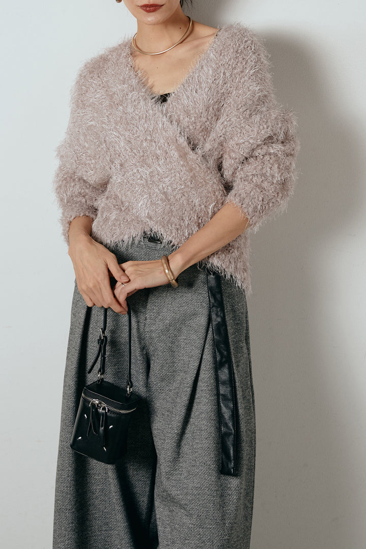 [SET]シャギークロスニットトップス+細ベルト付き起毛タックワイドパンツ(2set)