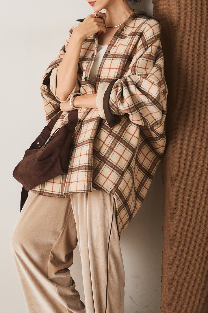 【即納】マルチチェックミディアム丈コート/ベージュ