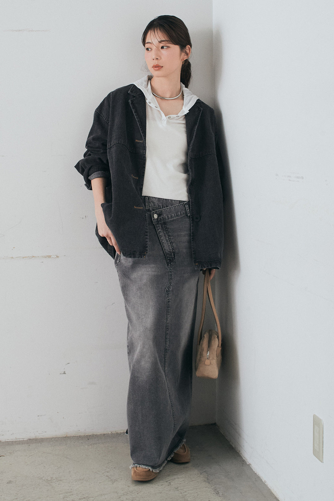 [SET]オーバーデニムジャケット+ウエストクロスデニムタイトスカート(2set)