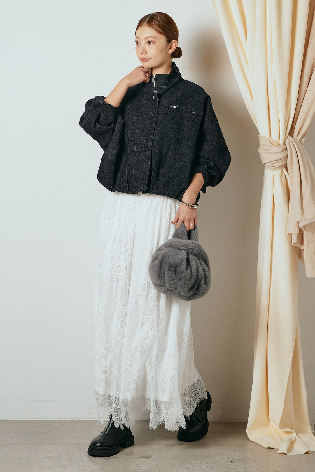 [SET]デニム調ハイネックブルゾン+ひげレース切替ロング丈スカート(2set)