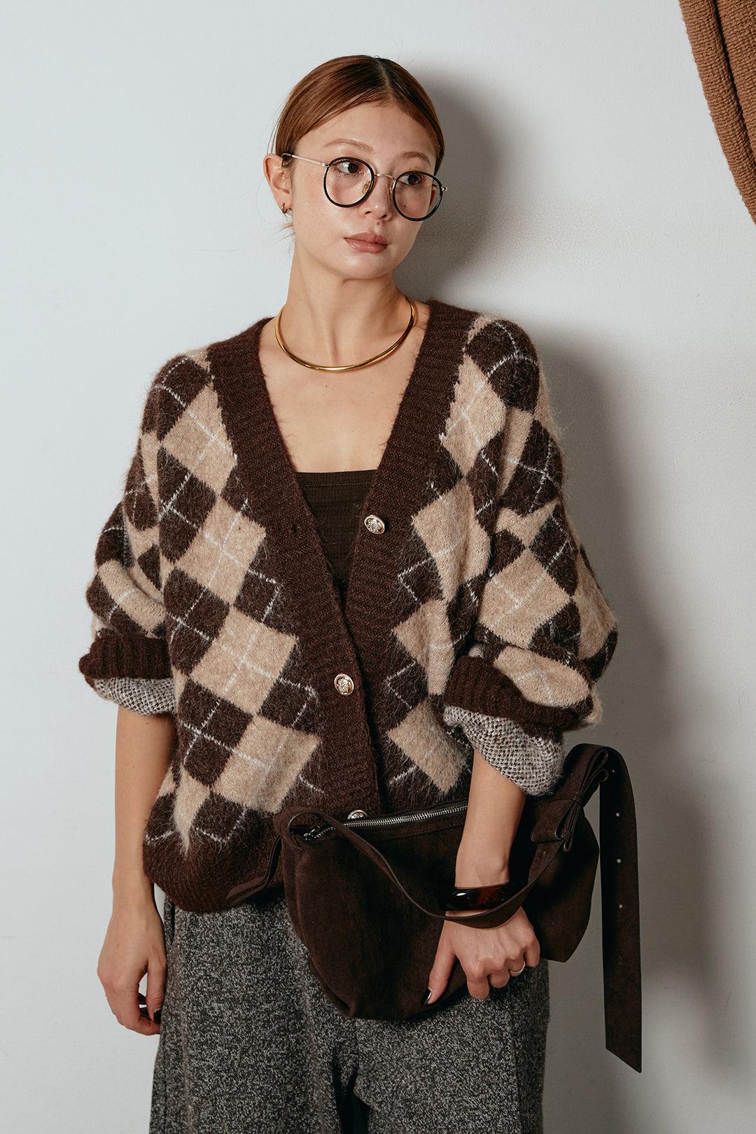 [SET]オーバーサイズ総柄Vネックニットカーディガン+杢ニットフレアパンツ(2set)