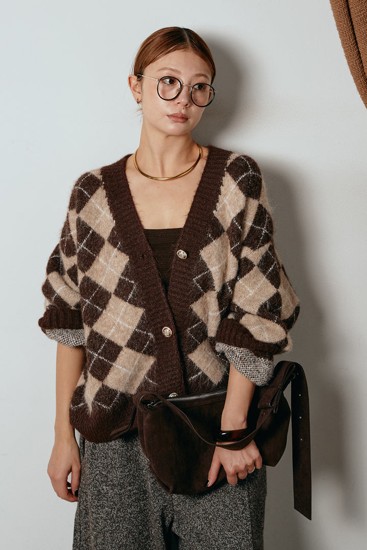 [SET]オーバーサイズ総柄Vネックニットカーディガン+杢ニットフレアパンツ(2set)