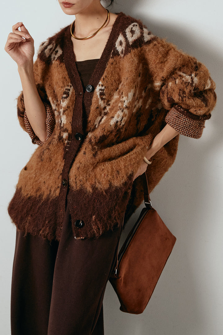 [SET]シャギーニュアンス柄ニットカーディガン+裏起毛スウェットワイドパンツ(2set)