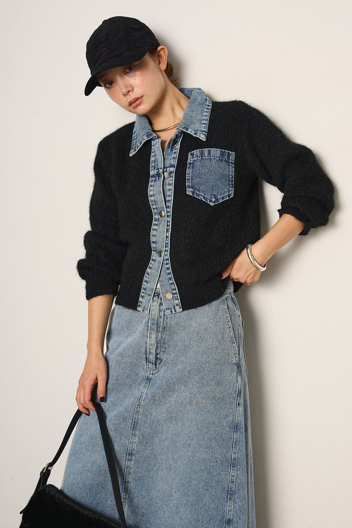 [SET]襟付きデニム切替ニットカーディガン+デニムロングフレアスカート(2set)