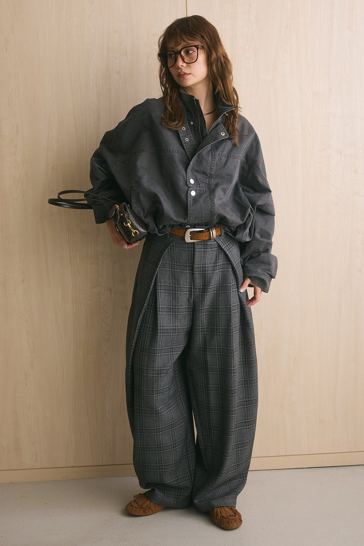 [SET]ミリタリーライクスタンドカラーブルゾン+ブリティッシュチェックバレルパンツ(2set)