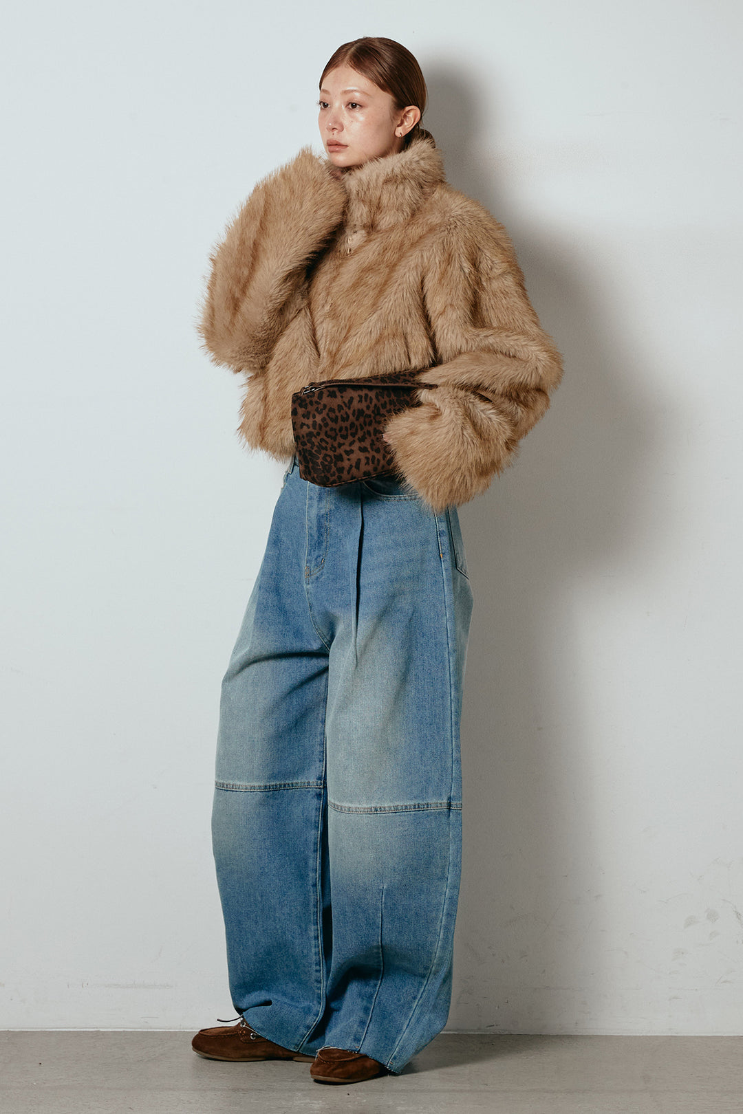 [SET]エコファーショート丈ブルゾン+加工デニムタックコクーンワイドパンツ(2set)