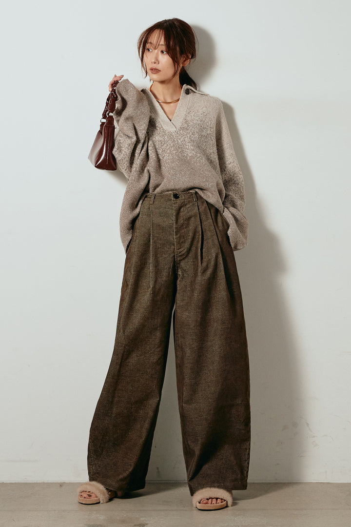 [SET]グラデーションラメニットキーネックプルオーバー+フロントタック入りコーデュロイパンツ(2set)