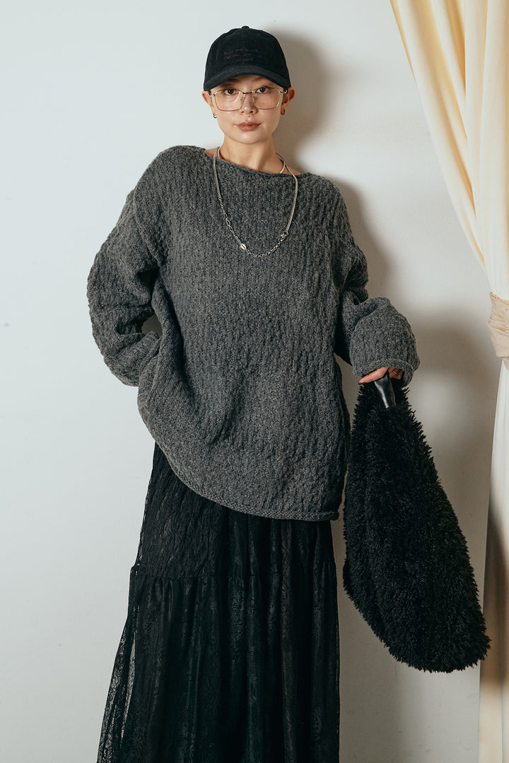[SET]ボリューム編みニットプルオーバー+ひげレース切替ロング丈スカート(2set)