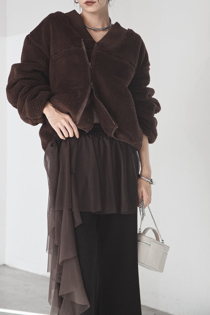 [SET]ノーカラーリブボアアウター+チュールレイヤードニットパンツ(2set)